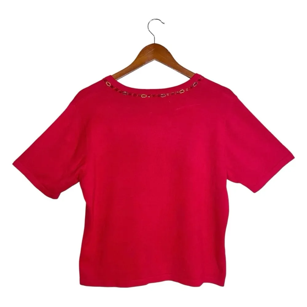 Vintage 90s Artsy 3D Poodle Dog Beaded Embroidered Short Sleeve Red Knit Top Size L - Image 3