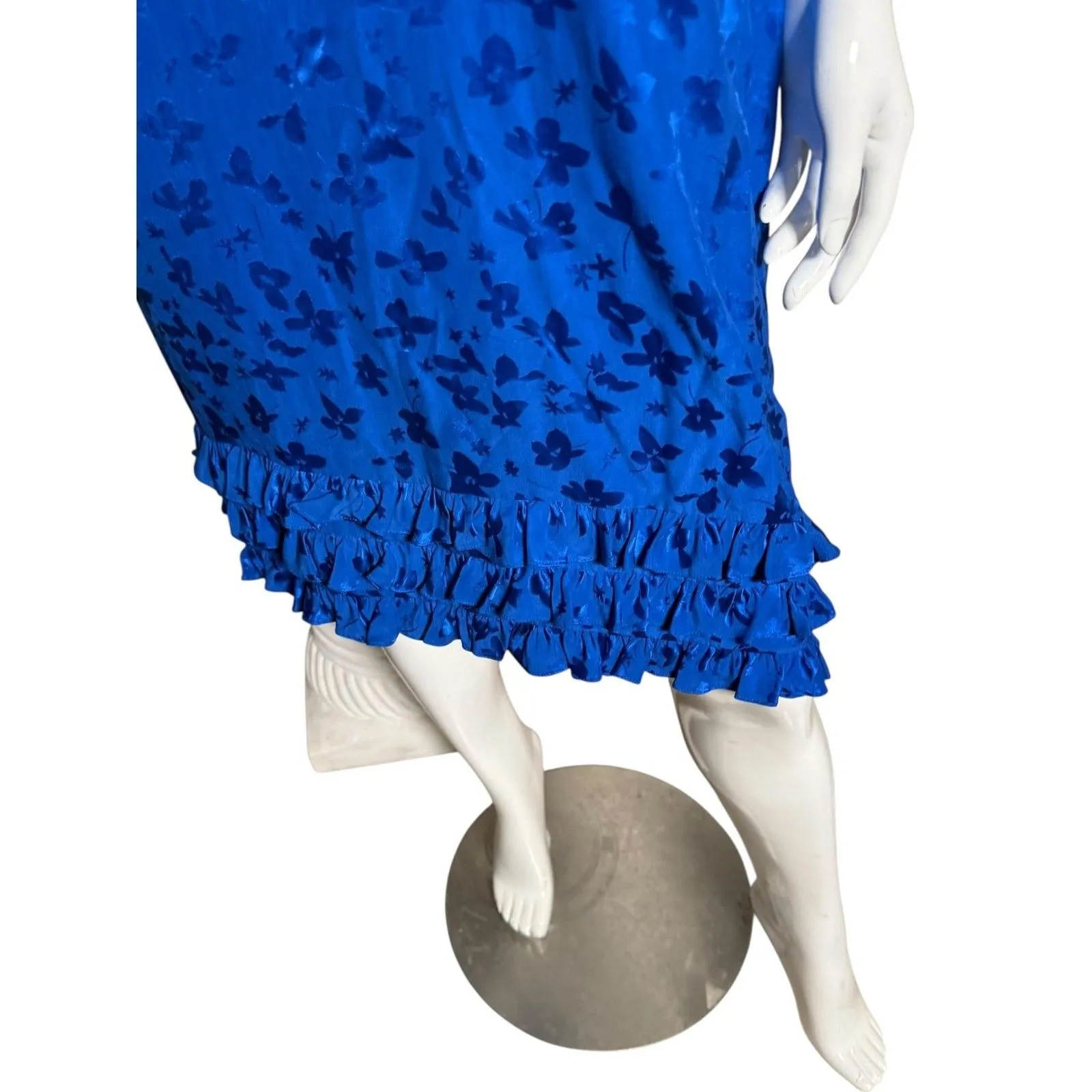 Vintage 80s Maggy London Dress 8 Blue Silk Floral Puff Sleeve Ruffle‎ cocktail - Image 5