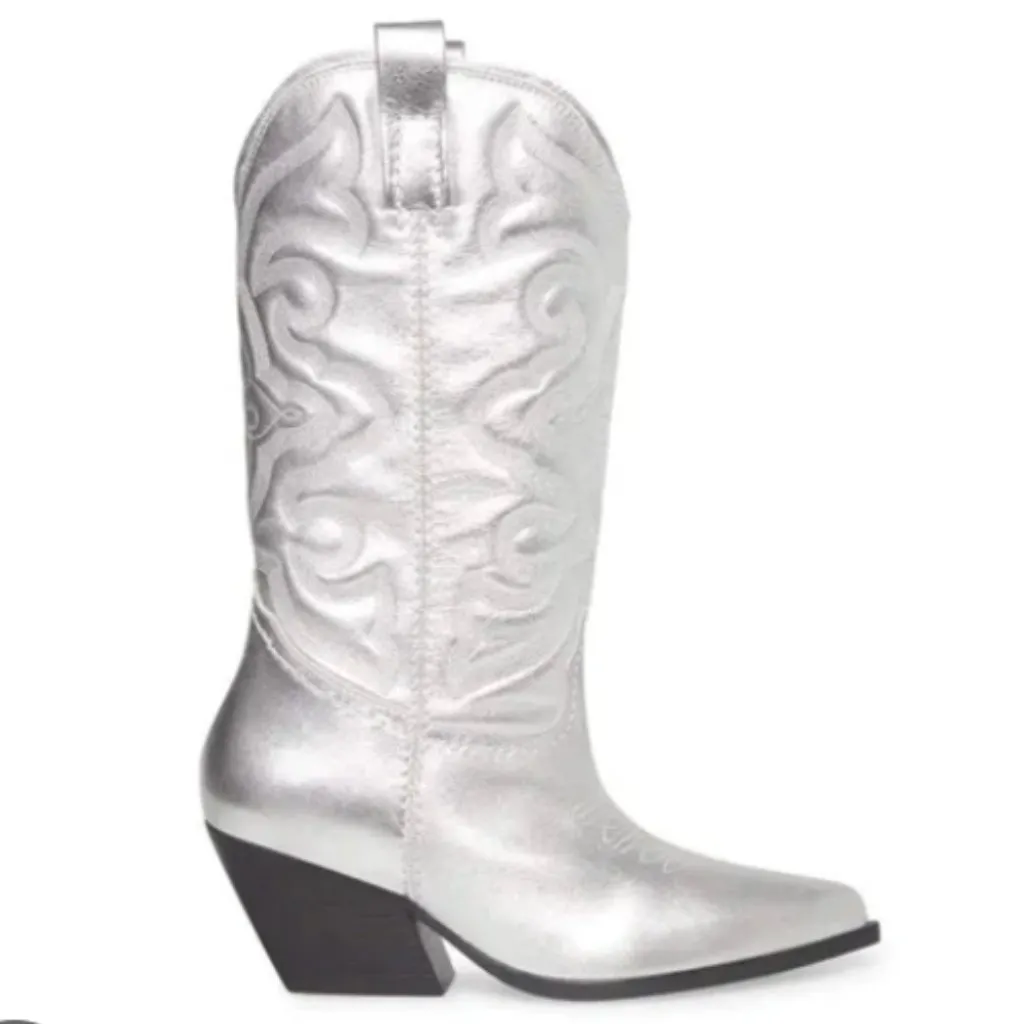 Steve Madden West Silver Cowboy Boots Pointed Toe Metallic 6M - Image 3