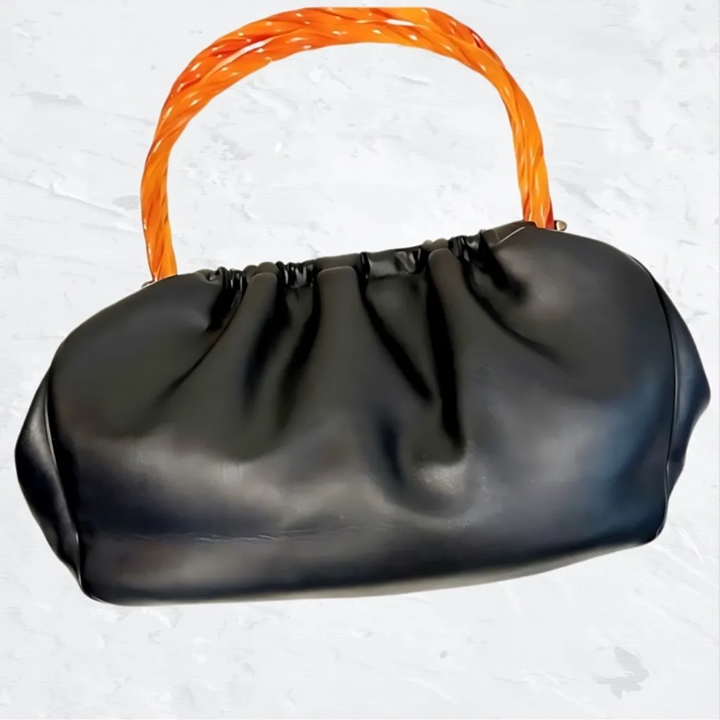 Vintage Empress Black Handbag W/ Interlocking Amber Bakelite Handles Circa 1950s - Image 11