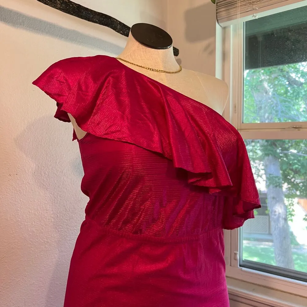 Cattani USA Made Vintage 1970s Pink One Shoulder Ruffled Summer Dress Size Large - Image 2