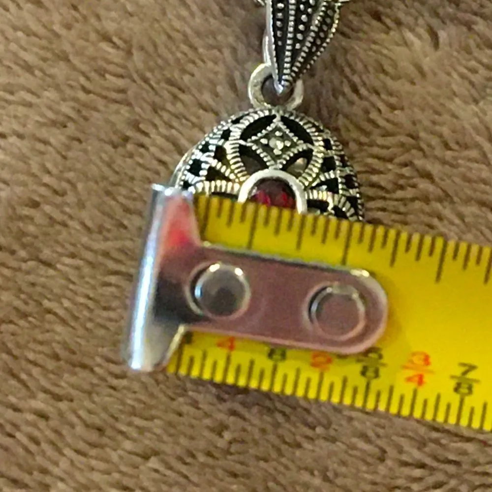 Red Garnet Marcasite Locket Sterling Silver Filigree Design - Image 6