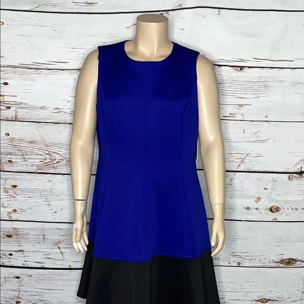 Calvin Klein NWT Size 18W Blue & Black Colorblock Scuba Knit Fit & Flare Dress - Image 2