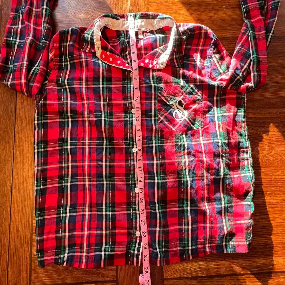 Victoria's Secret Red Plaid Long Sleeve Button Down Christmas Pajama Top Size L - Image 10