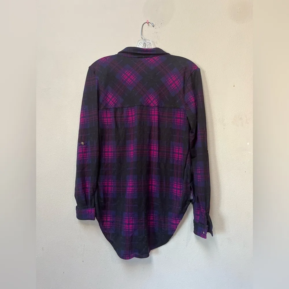 Grunge Plaid Flannel Shirt Purple Black Small Button Down - Image 2