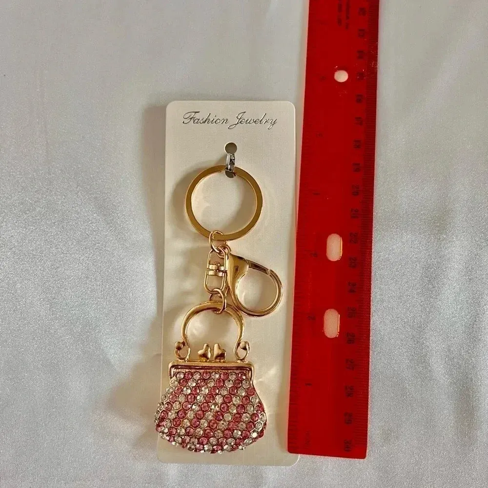 Mini Purse Bag And Key Chain Charm Pink Crystal Rhinestone Gold Tone Hardware - Image 4