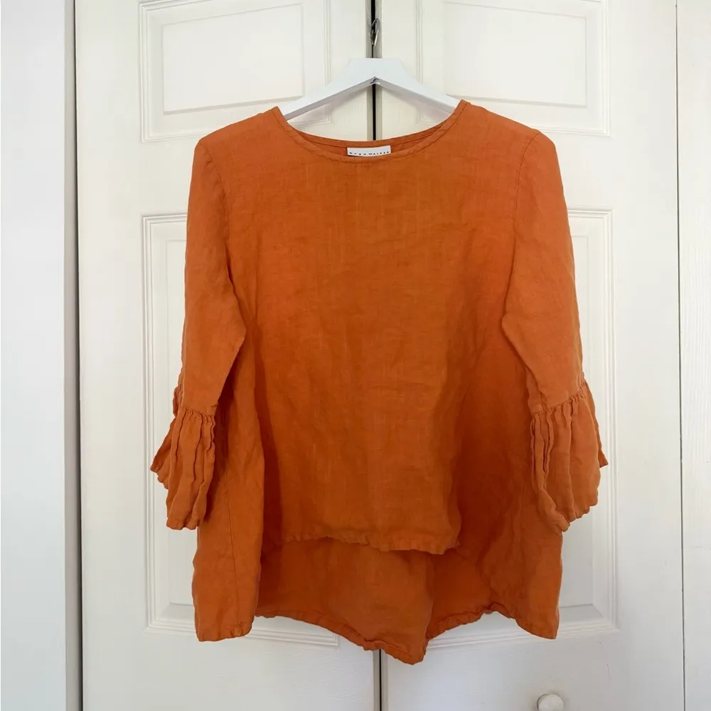 Bryn Walker 100% Linen Fran Bell Sleeve Lagenlook Top Orange Mango Size Small - Image 3