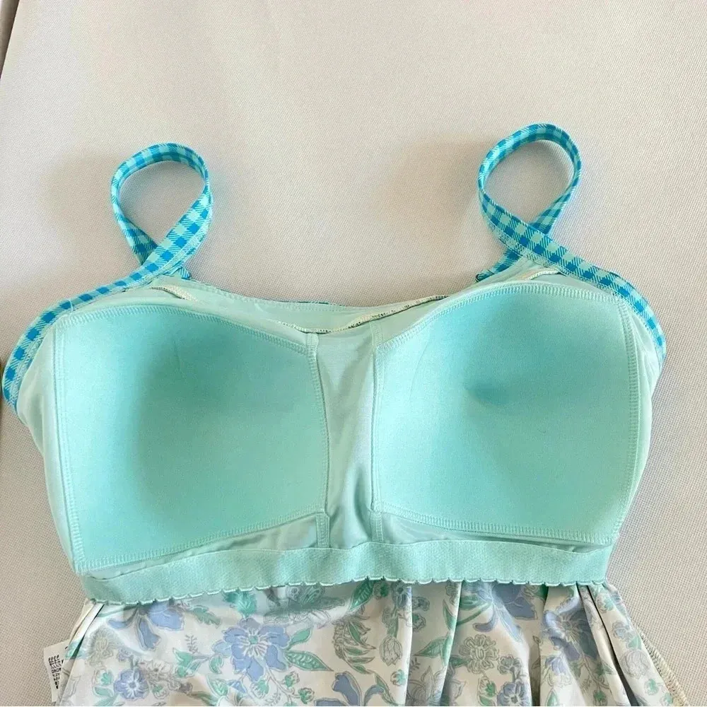 Lands' End Tankini Top Size 12 DD Blouson Lotus Floral/Gingham Swimsuit Blue - Image 6