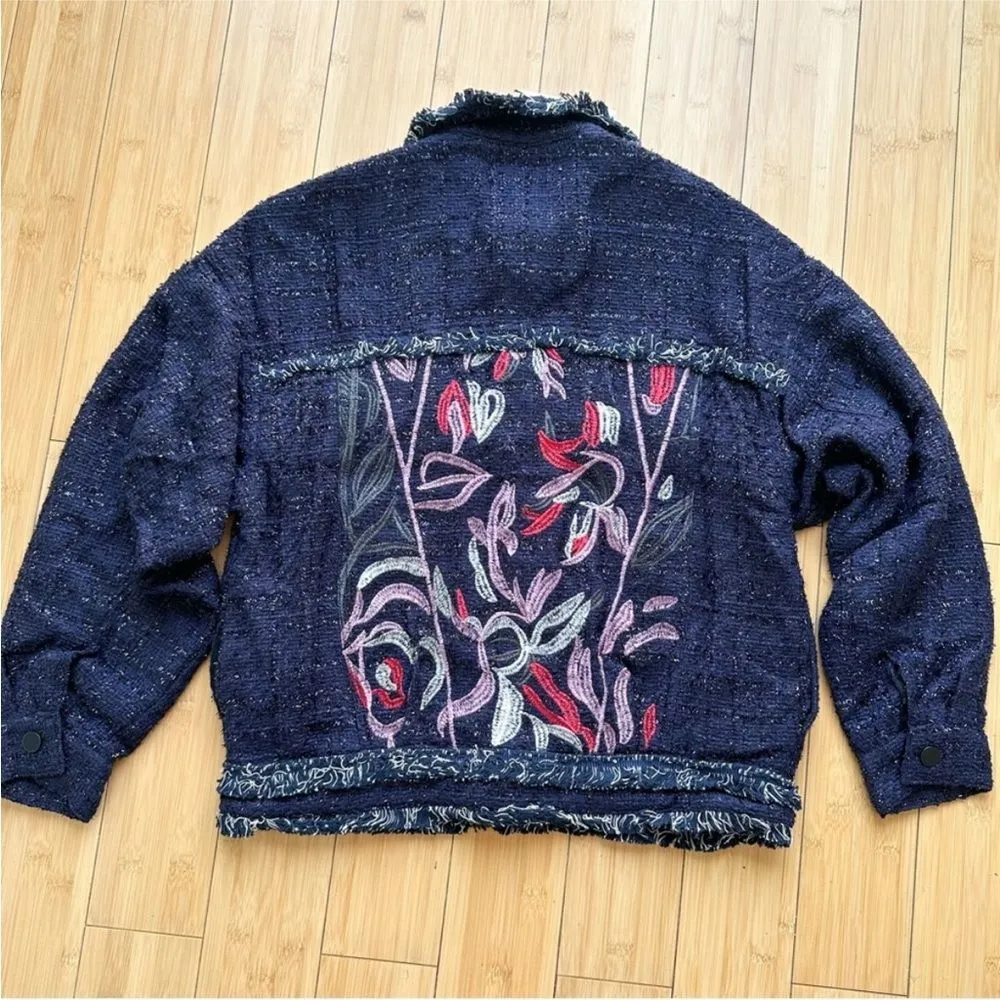 NWT Foxiedox Embroidered Takeo Tweed Frayed Boho Blue Jacket Anthropologie - Image 2