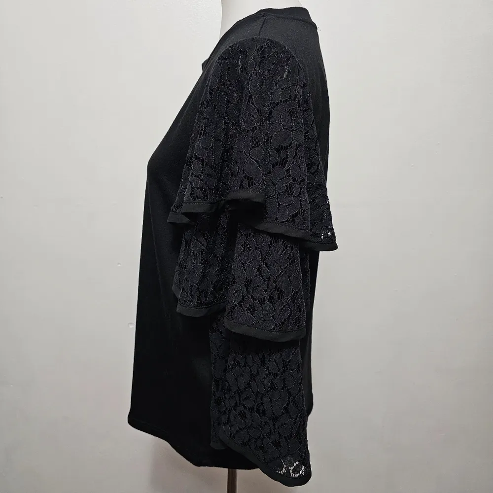 Anthropologie Pleione Black Tiered Lace Sleeve Crewneck Sweatshirt Size Small - Image 4