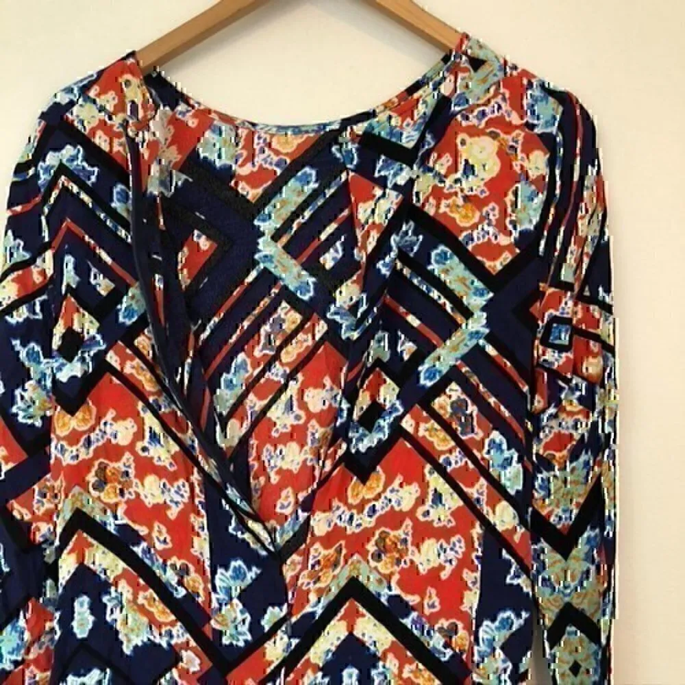 WAYF Red Blue Black Multi Floral Geometric Aztec Boho Long Sleeve Shift Dress XS - Image 10