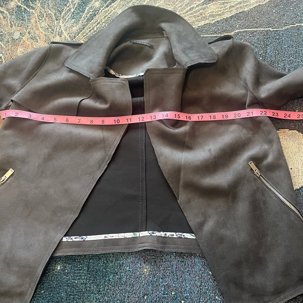 Tahari Faux Leather Biker Moto Jacket Charcoal Grey Relaxed Zip Pockets M Lined - Image 13