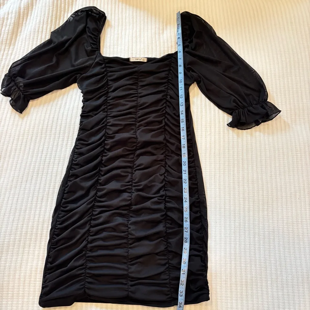 Timing Brand Women's Elegant Black Ruched Mess Mini Dress Mesh Sleeves Size L - Image 8
