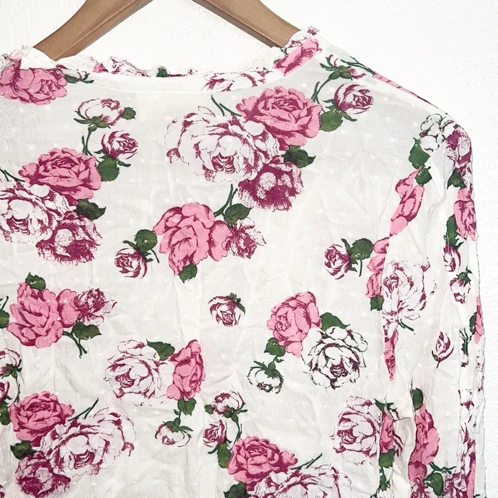 ModCloth Pink And White Rayon 3/4 Sleeve Floral Swiss Dot Tie Neck Blouse - Image 8