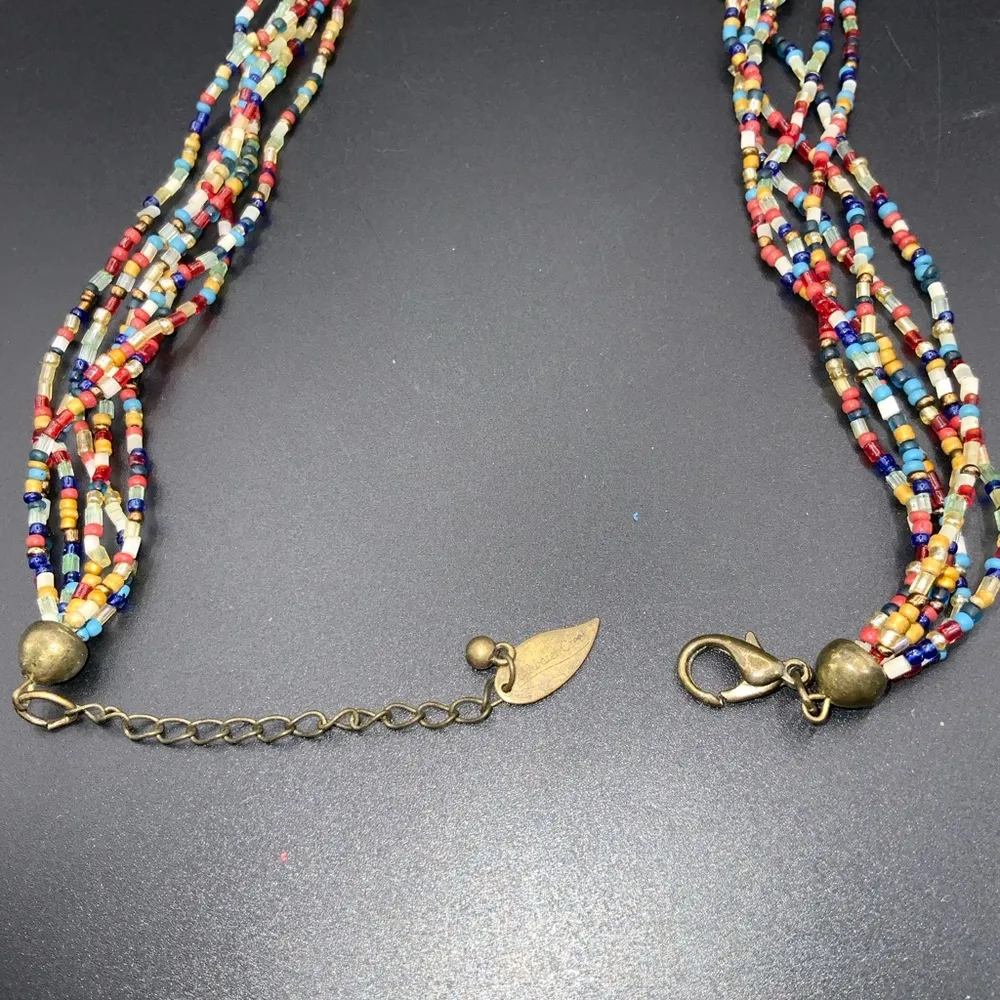 ColdWater creek 6 strand multi colored seed bead necklace wood/bronze pendant - Image 6
