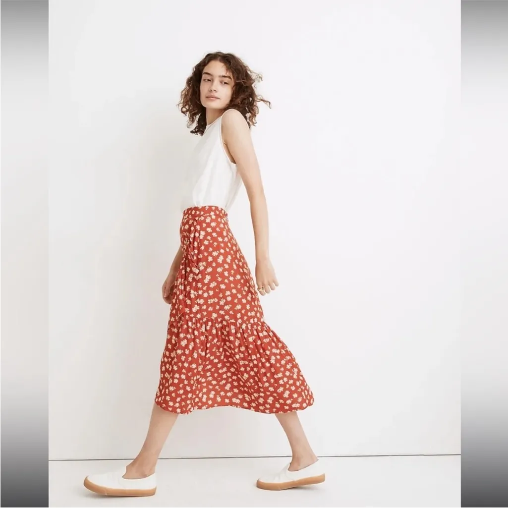 Madewell Ruffle Wrap Midi Skirt Orange Floral Long Modest Size 4 AO371 - Image 3