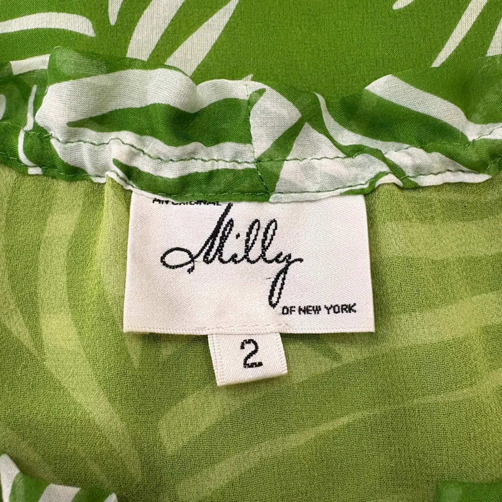 Milly of New York Long Sleeve Silk Blouse Green Tropical Botanical Print Size 2 - Image 3