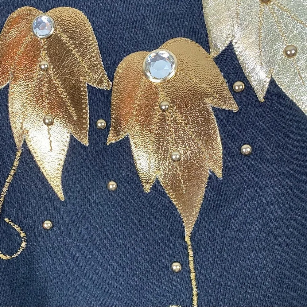 Vintage Black Art Deco Gold Leaf Studded Rhinestone Tshirt Black Size L - Image 3