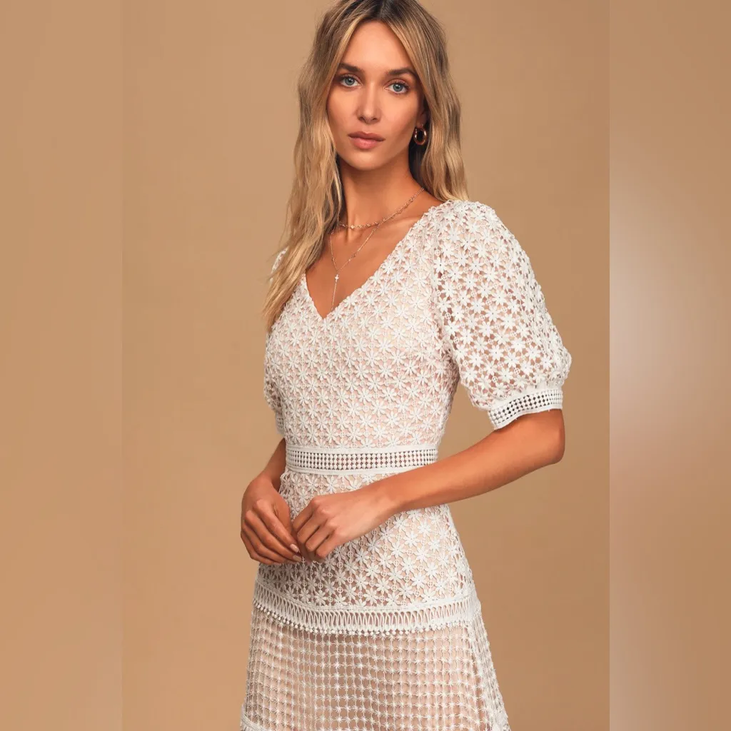 Lulus Dance With Joy White Lace Puff Sleeve Midi Dress / lace dress sz medium - Image 5