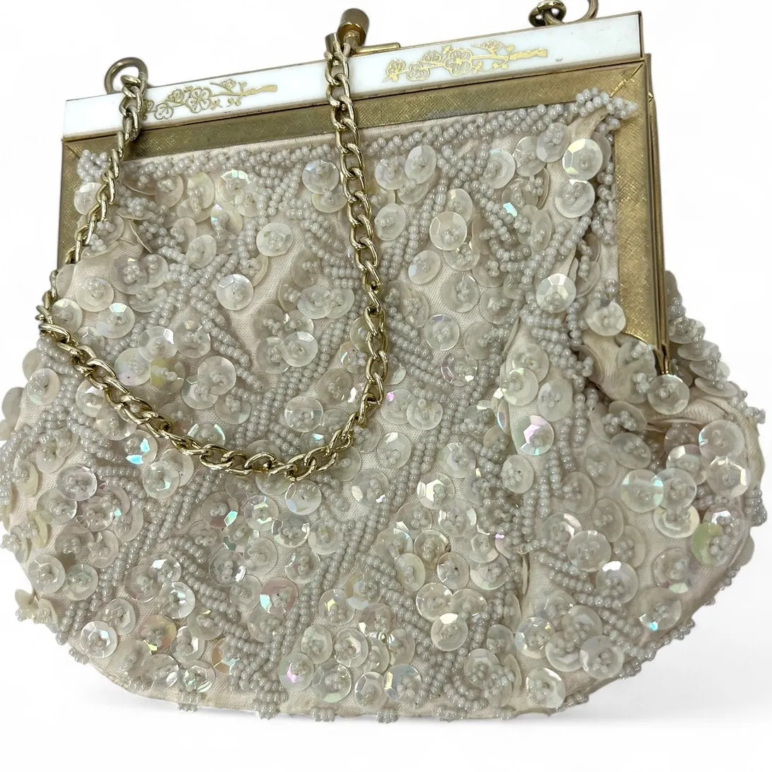 VINTAGE Bag Purse Clutch 1950s/60s vintage seed bead sequin Evening pearl White - Image 2