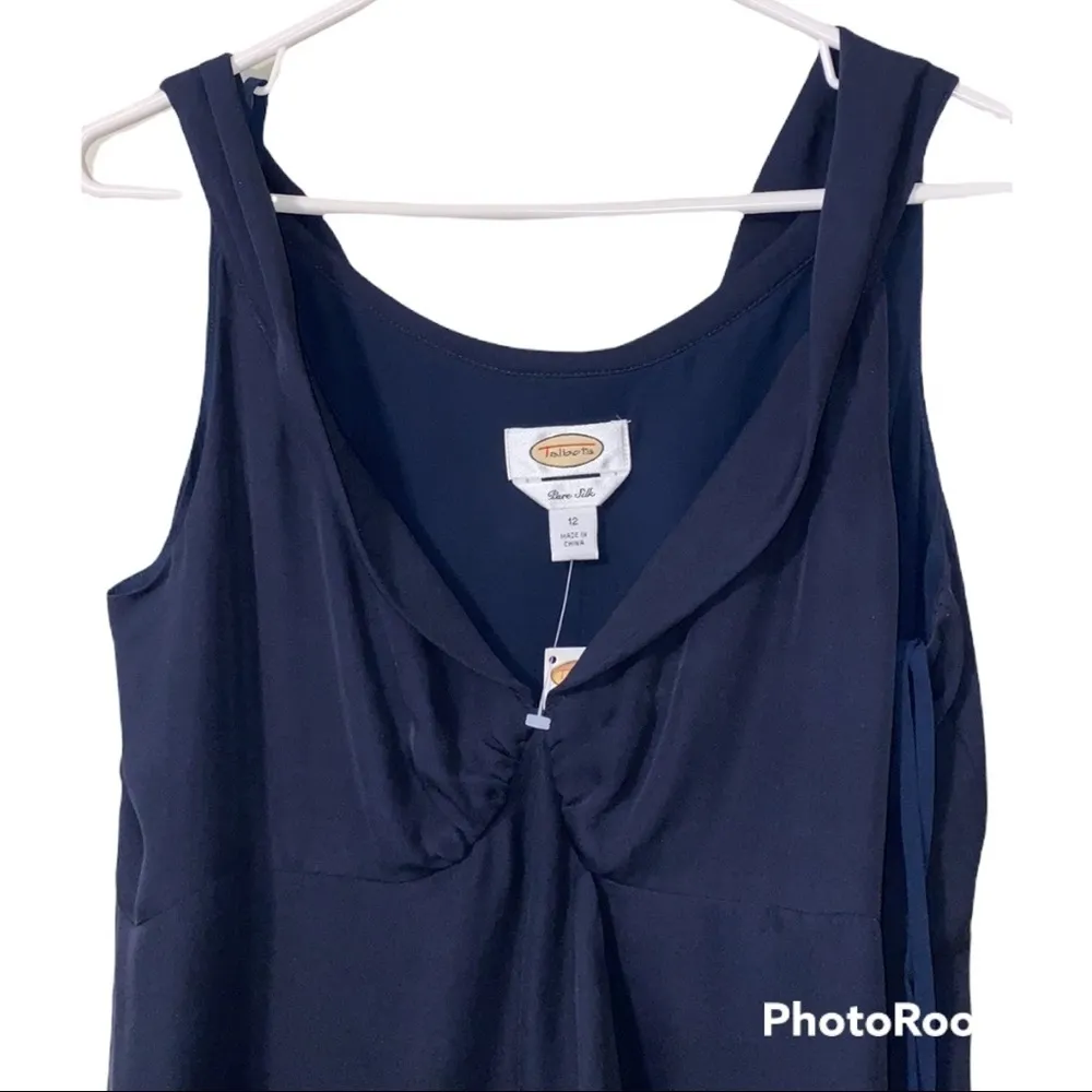 Talbots size 12 pure silk ruched pleated neckline conches waist dark blue v neck - Image 2