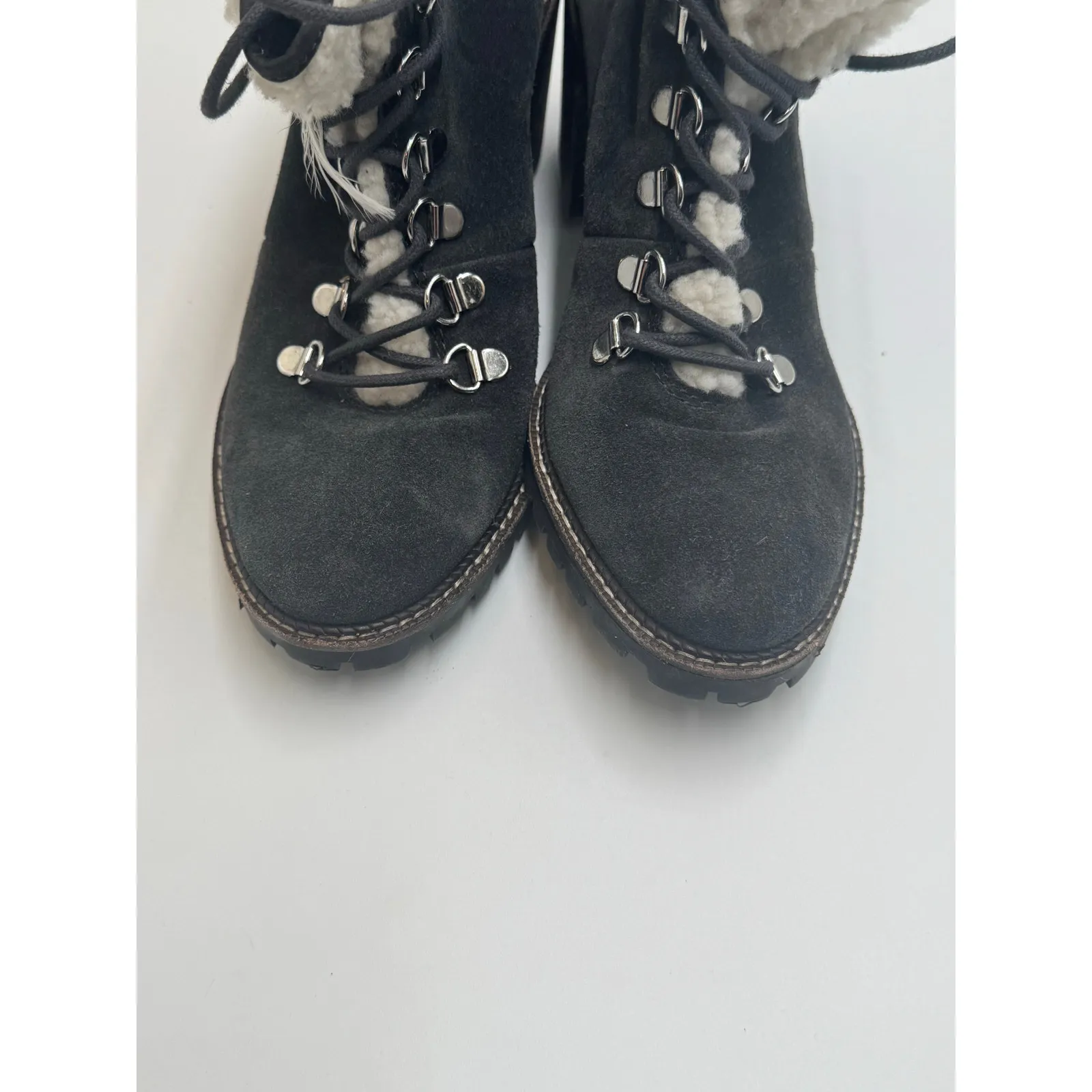 Dolce Vita Booties Post Faux Shearling Trim Suede Navy Blue Block Heel Size 8.5 Black - Image 3