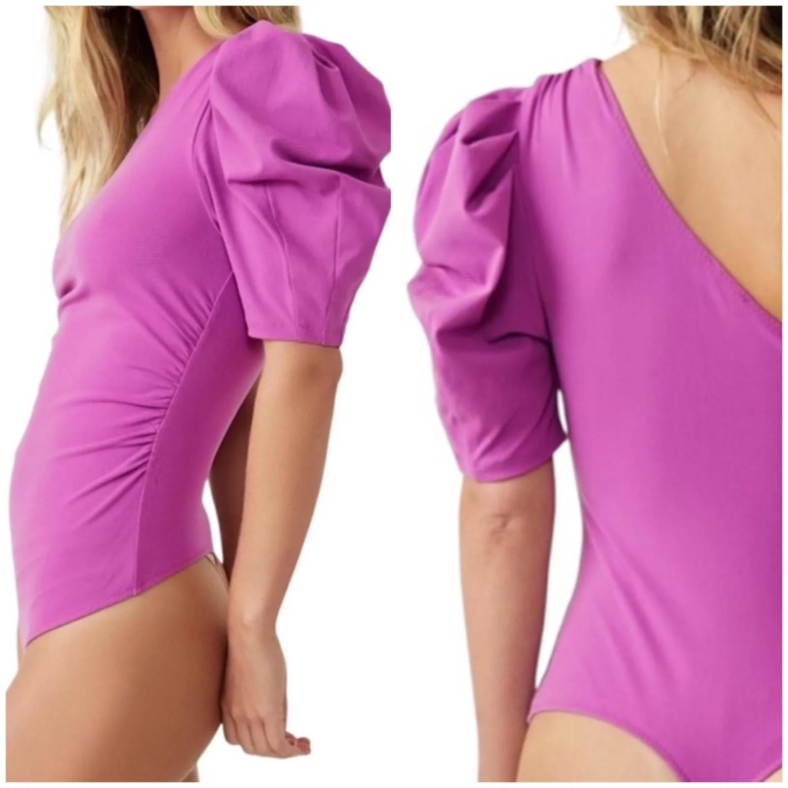 Free People One Shoulder Puff Sleeve L Bodysuit Magenta Ruched Side Stretchy - Image 3