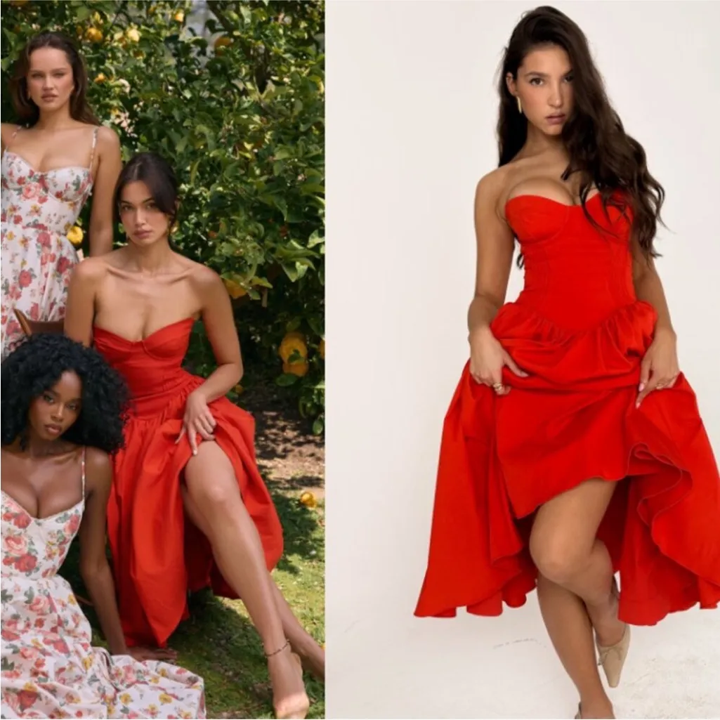 HOUSE OF CB‎ 'Elizabeth' Italian Tomato Strapless Midi Sundress NWOT - Image 9