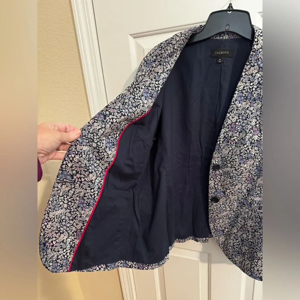 Talbots Tiny Ditsy Blue Floral Cotton Jacket Blazer Notch Collar Size 16 - Image 8