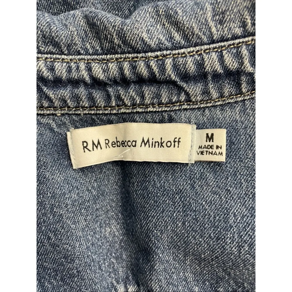Rebecca Minkoff Jean Jacket Denim Shirt Crop Raw Hem Jewels Medium - Image 4