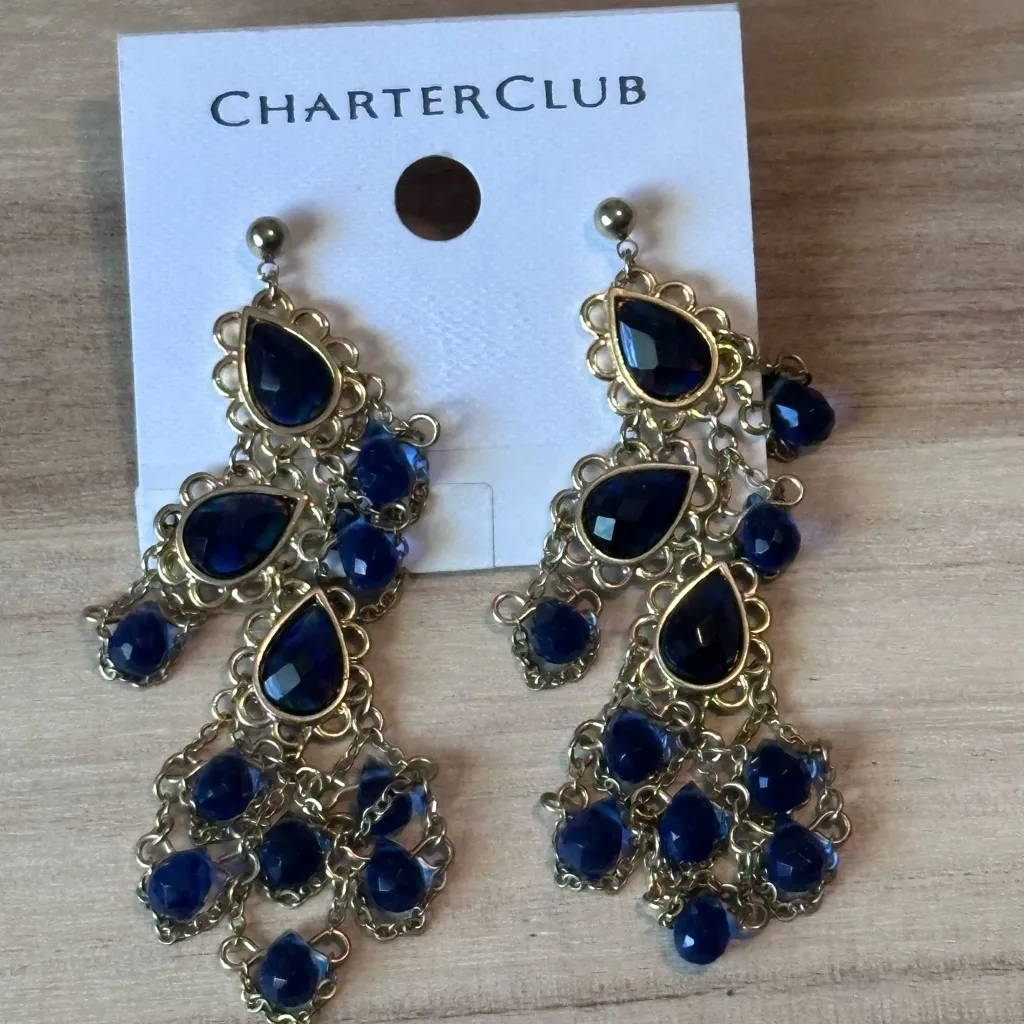 Charter Club Gold and Deep Blue Chandelier Earrings - Image 2