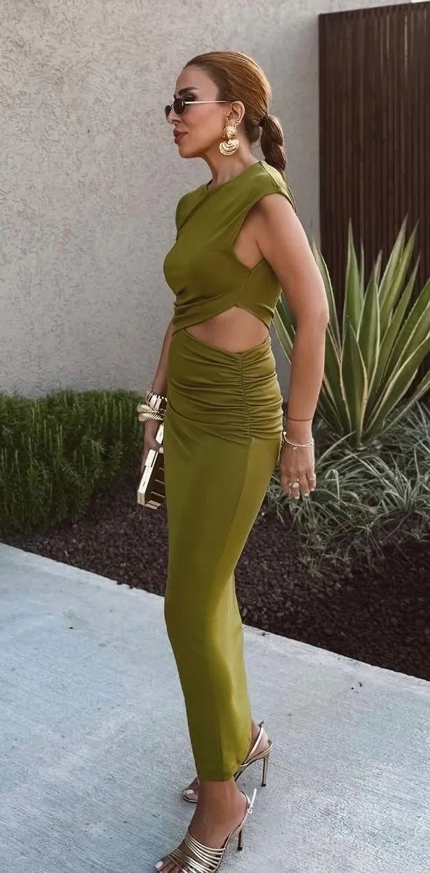 Zara midi  Olive Green Cutout Dress Casual wedding evening fitted bodycon - Image 3