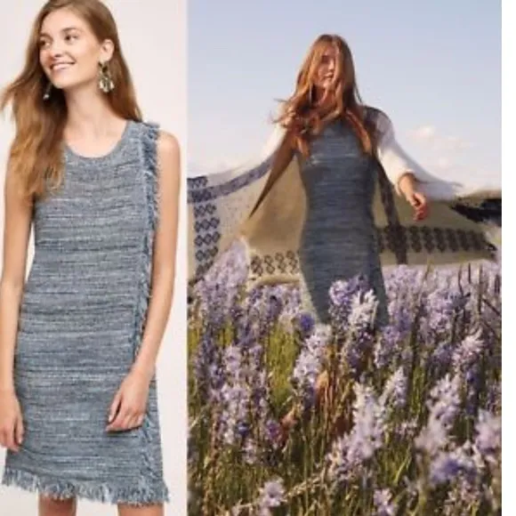 Women's Anthropologie Holding Horses Blue Fringe Sweater Midi Dress Size Medium - Image 2