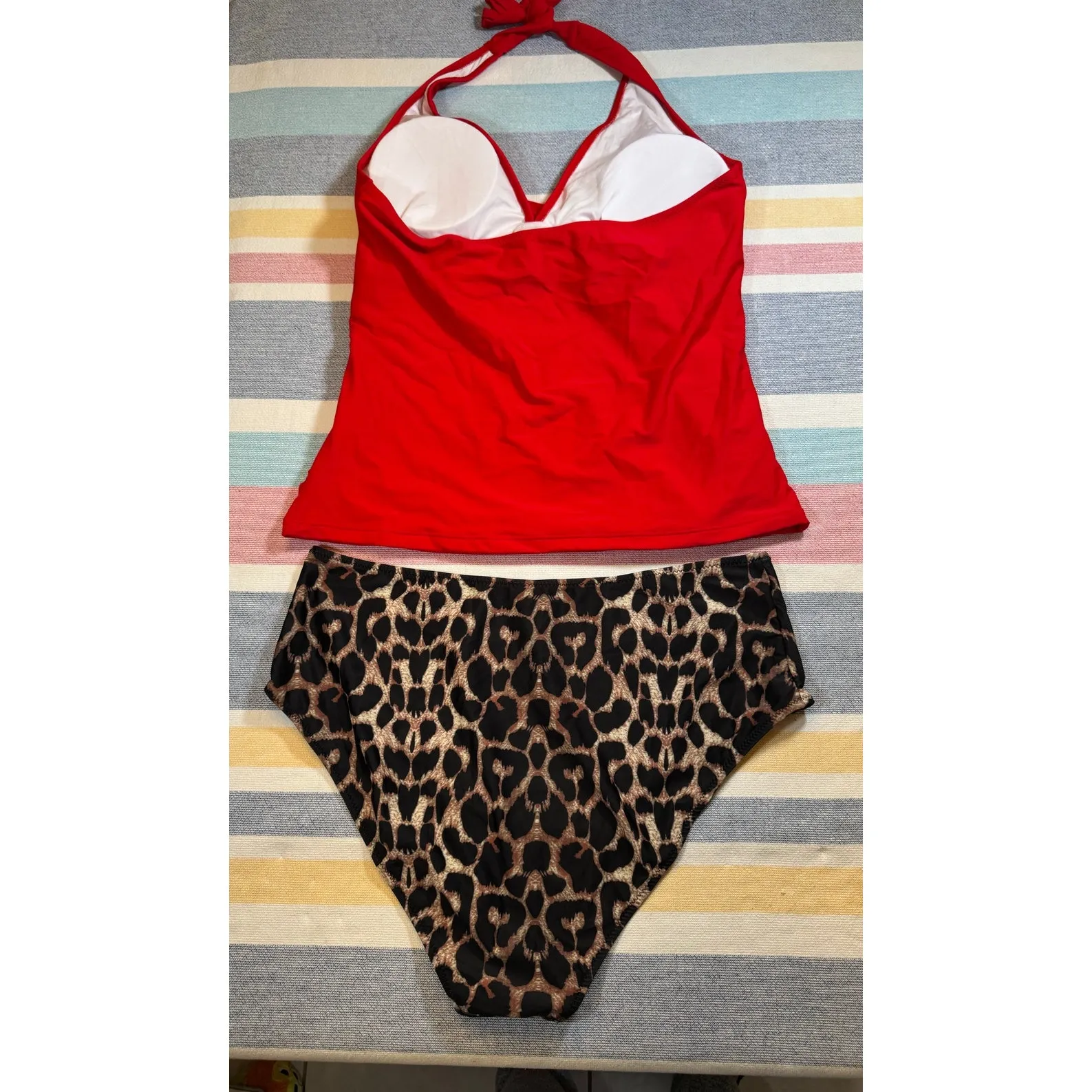 Tankini Set XXL NWOT Red Halter Top Leopard High Waist Bottoms Retro Swim - Image 2