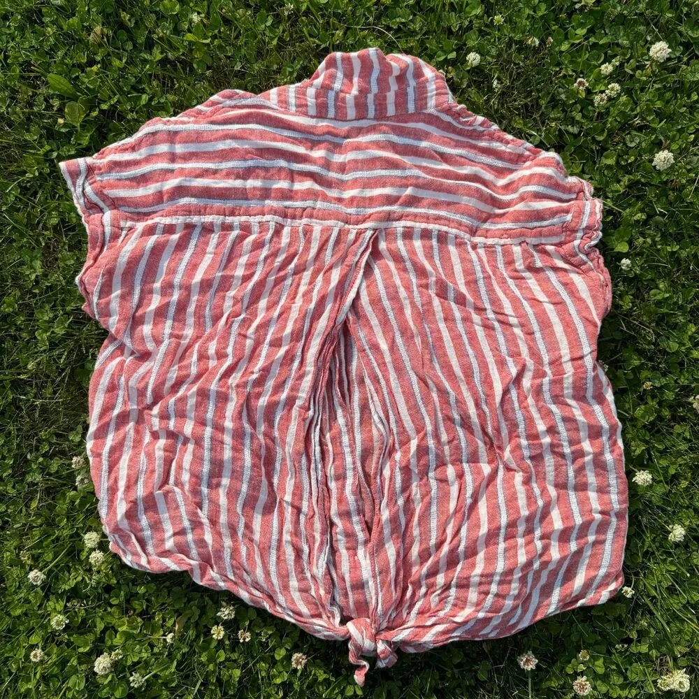 Lucky Brand Pink White Striped Collared Short Sleeve Tie Hem Linen Top Size S - Image 6