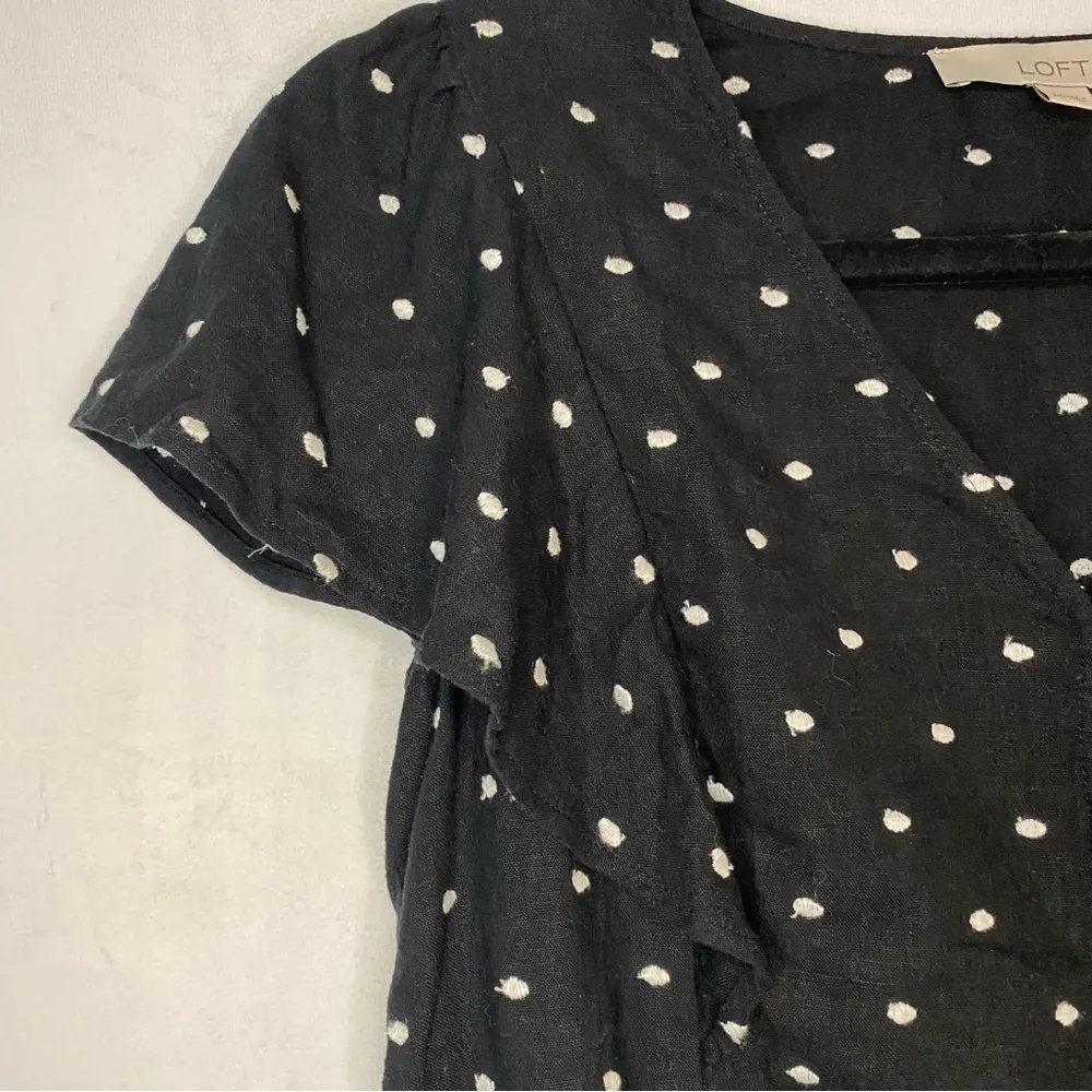 LOFT Black Linen Blend Flutter Sleeve Button Top White Embroidered Dots XS - Image 4