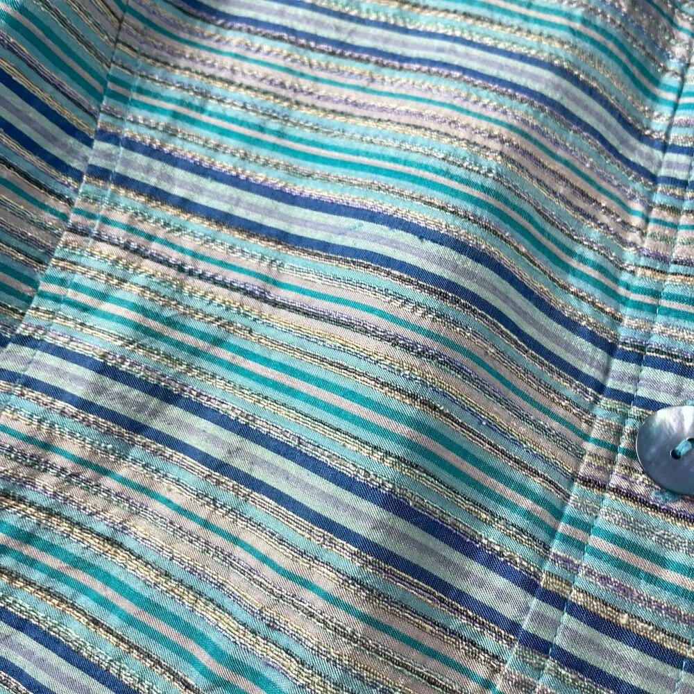 Austin Reed Textured Striped Silk Blend Top Shirt Womens 14 Blue Western Cowgirl - Image 14