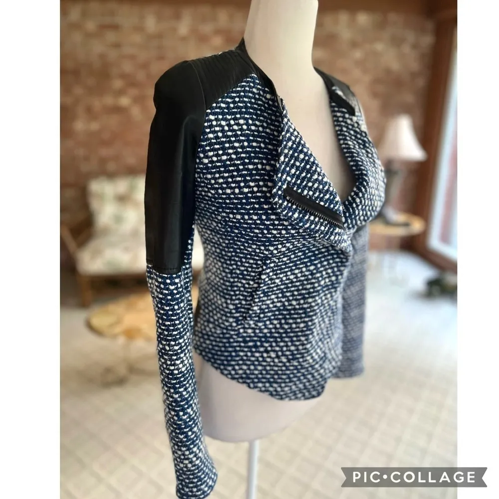 Zara Trafaluc Moto Jacket Tweed Tweed Faux Leather Blue Black XS Edgy Biker Chic - Image 13
