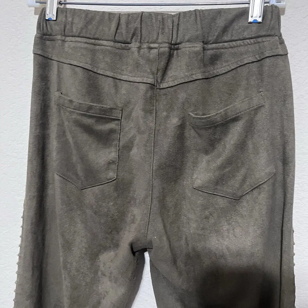 Umgee Joggers Moto Pants Olive Green Micro Suede Women’s Sz M Pull On - Image 7