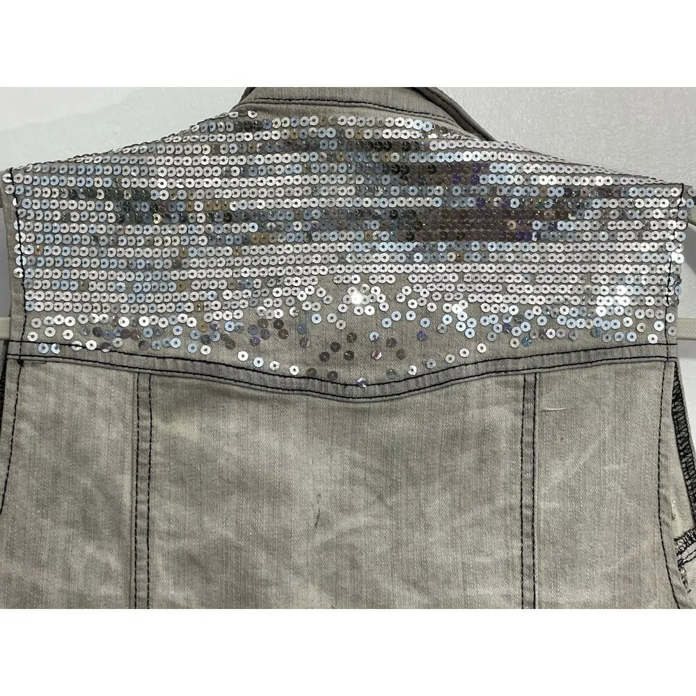Y2K Vintage Denim Vest Medium Gray Bling Chains Grunge Indie Festival Emo - Image 5