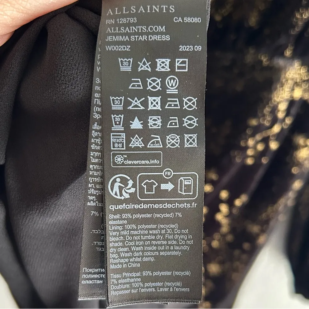 AllSaints Jemima Star Printed Velvet Knot Mini Dress Sz 2 Black Gold celestial - Image 8