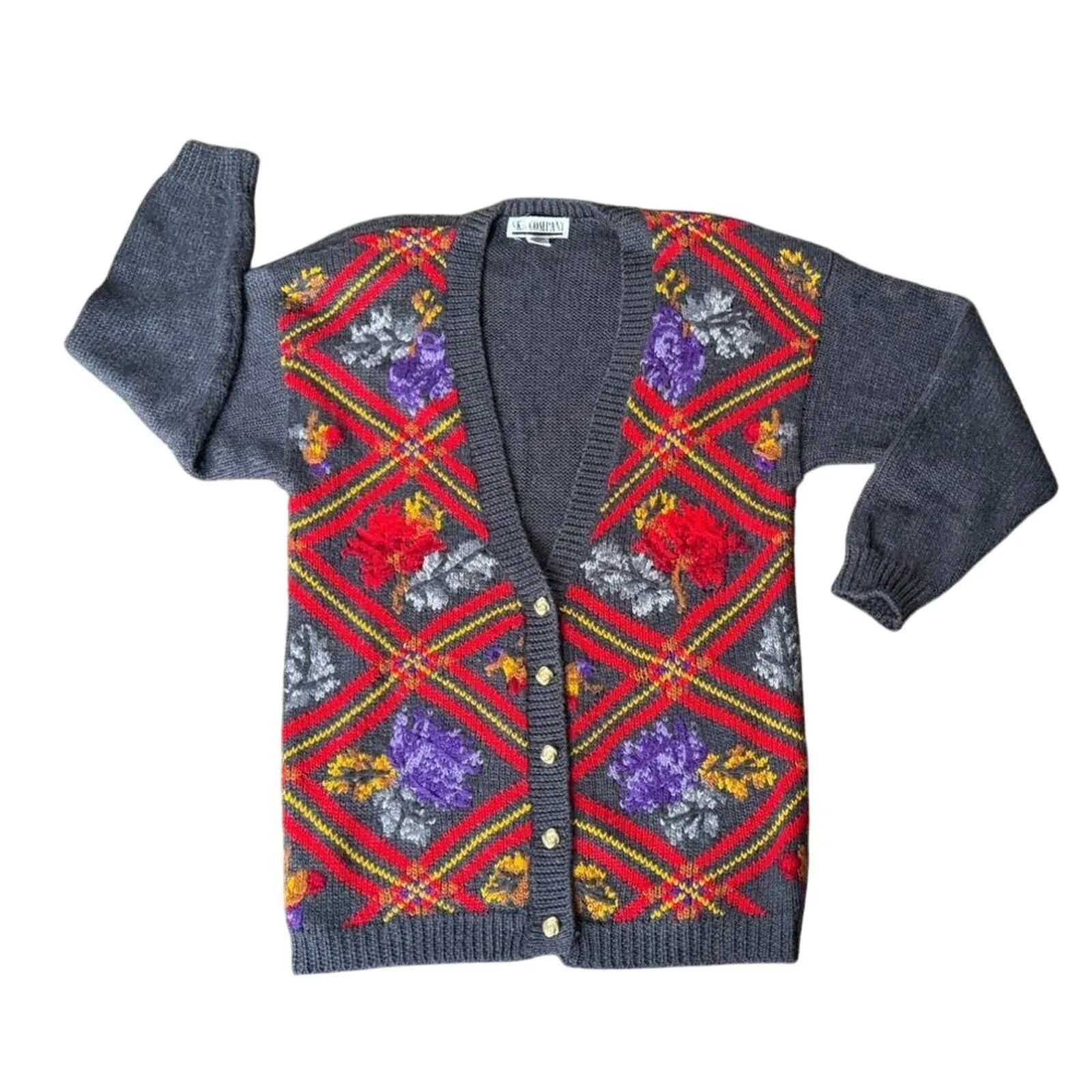 Vintage SK & Company Wool Blend Floral Duster Cardigan Sweater L Boho 80s Gray Size L - Image 3