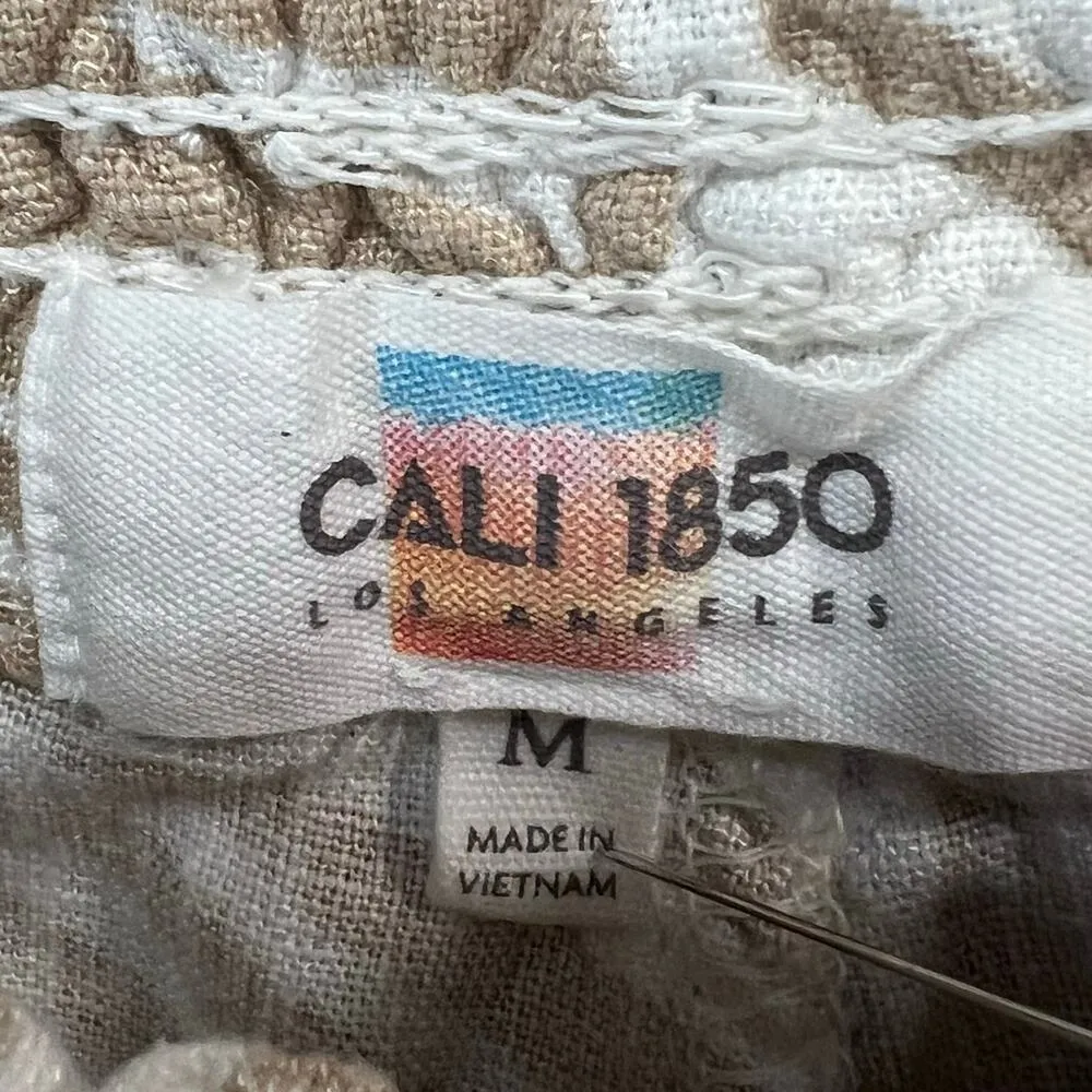 Cali 1850 Linen Beach Pants Womens M Tan White Leaf Smocked Pull On Coconut Girl - Image 13
