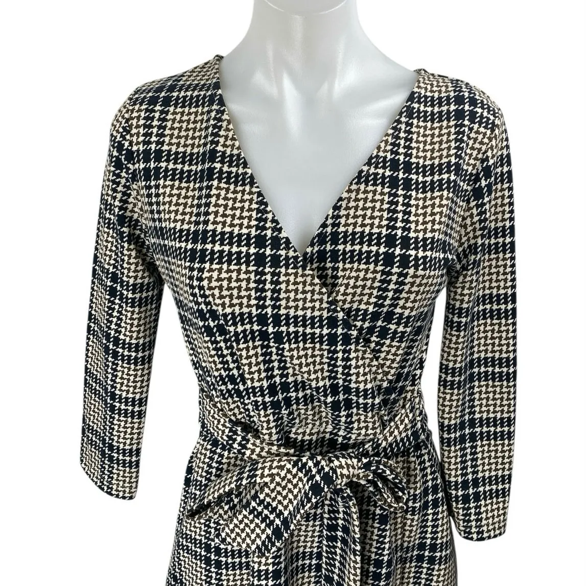 Lands' End Brown Houndstooth Plaid Faux Wrap Belted Mini A-line Dress Size 6-8 - Image 3