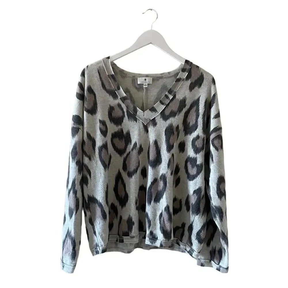 Socialite V Neck Long Sleeve Top Womens Multi Leopard Print Soft SZ L -#1687 - Image 5