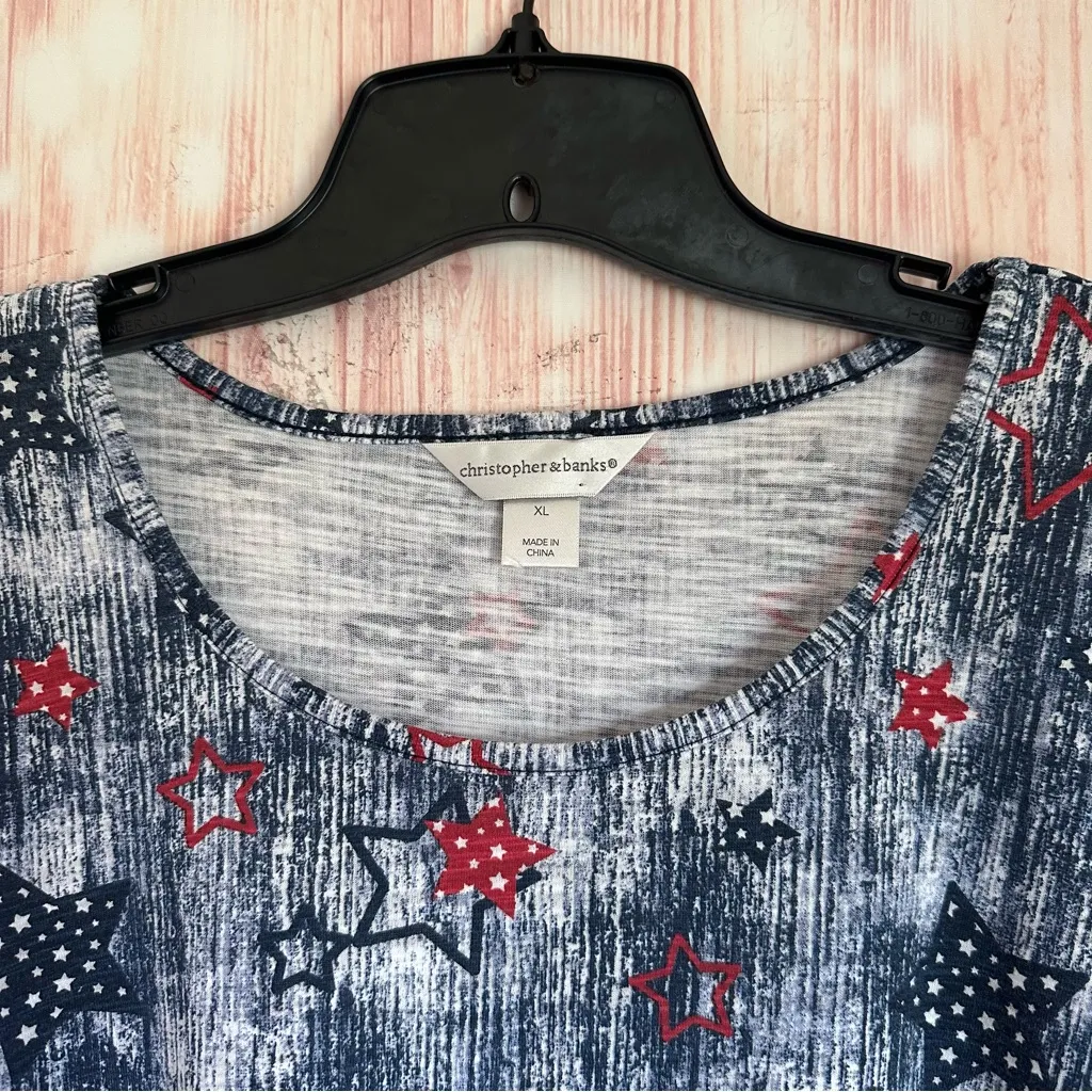 Christopher & Banks Red Blue White Stars Short Sleeve Crew Neck T-Shirt - Image 3