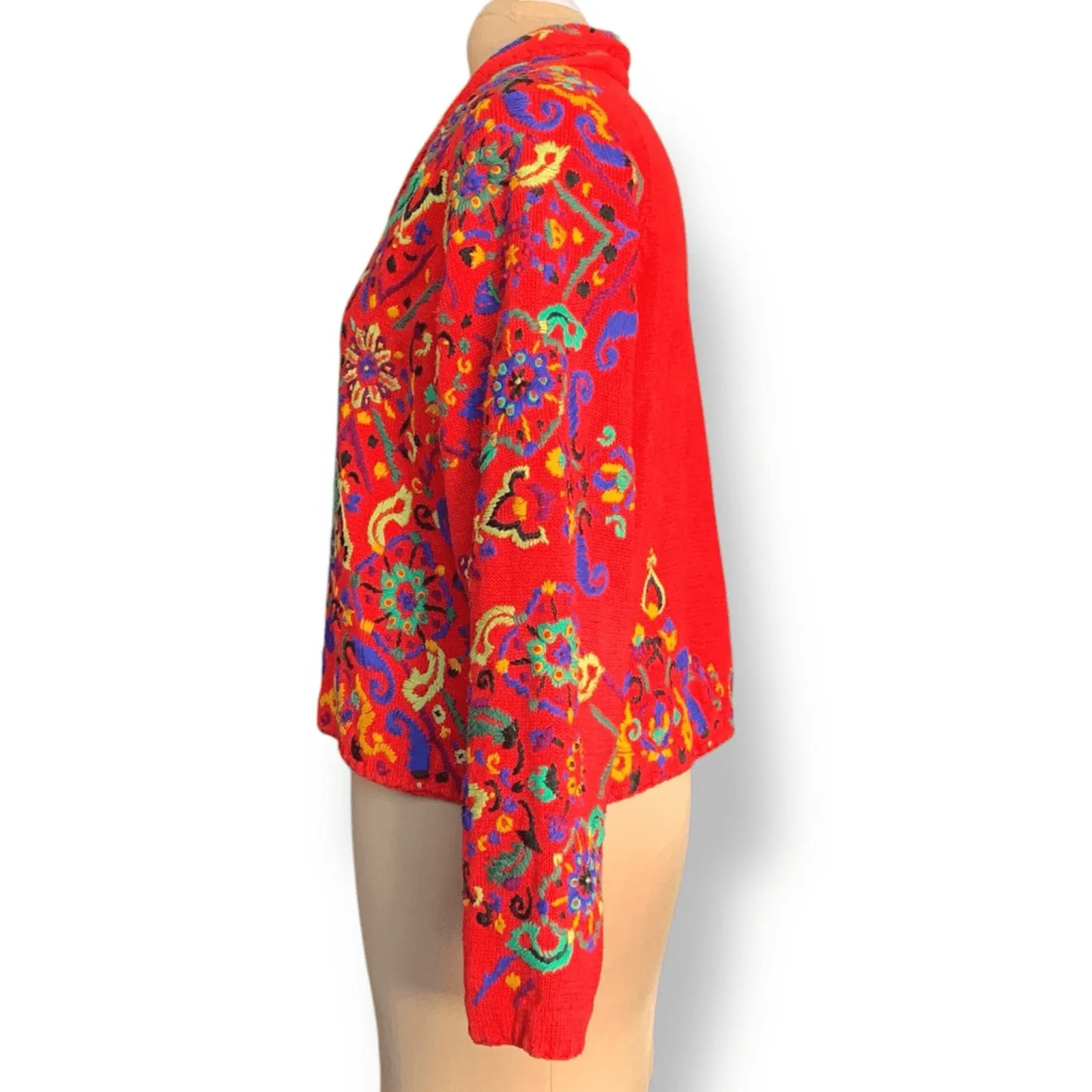 Vintage 90s Michael Simon Cherry Red Embroidered Knit Cardigan Sweater Eclectic Size L - Image 5