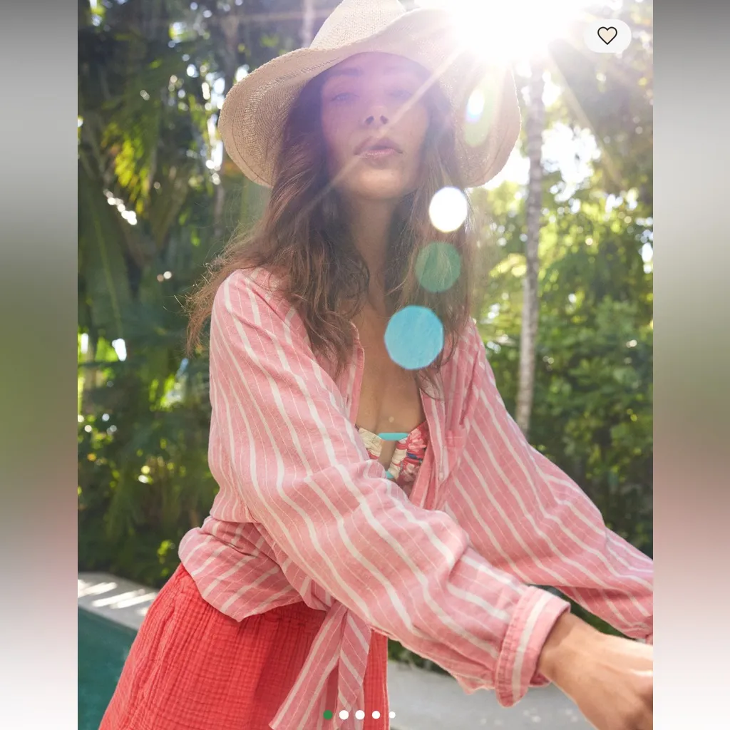 Aerie Pool to Party Linen Blend Coverup Shirt White Coral Stripe Top XS - Image 6