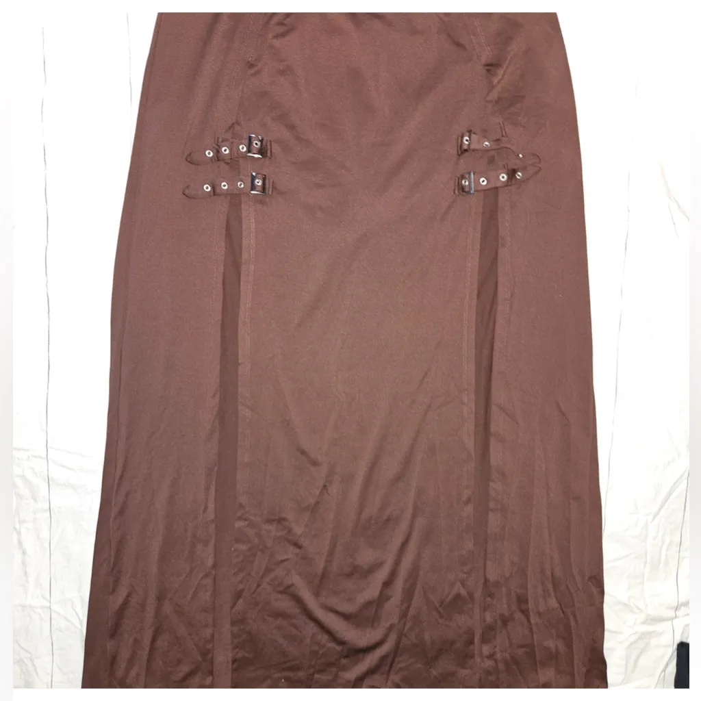 NWT HALARA Brown Maxi buckle Skirt- Side Slits. Stretchy size M Original bag - Image 2