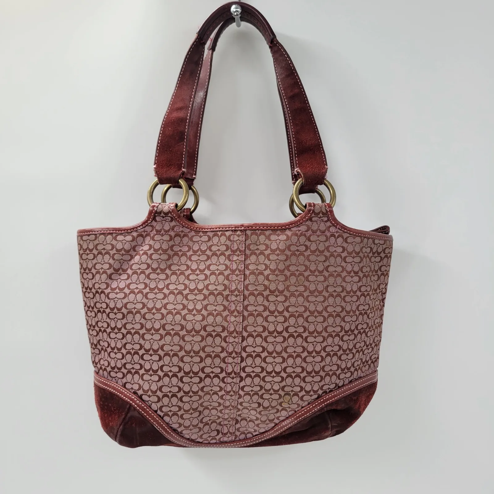 VTG Coach Signature Monogram Soho Shoulder Bag Red Suede Canvas Mini Cs Buckle - Image 13